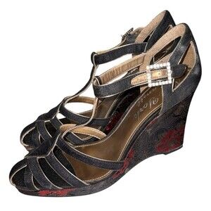 NY Transit Womens Wedge Sandals Size 8.5 Red Gold Floral Print Strappy Heels